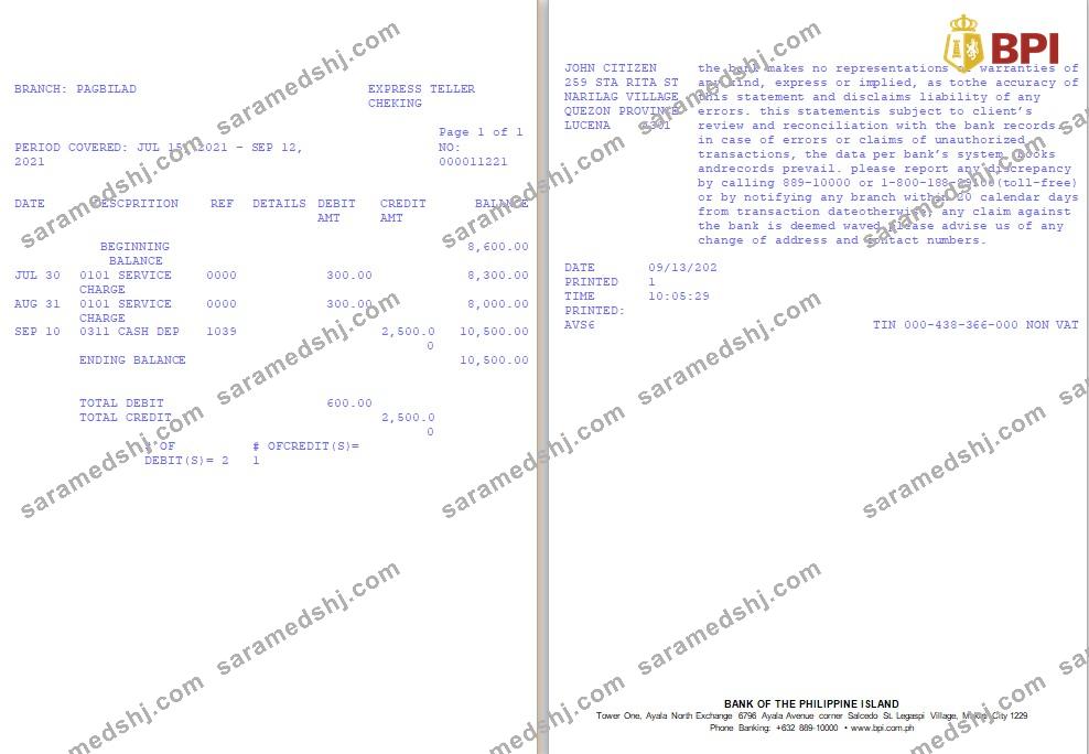 Philippines Bank of the Philippine Islands (BPI) bank statement template in Word and PDF format, version 2